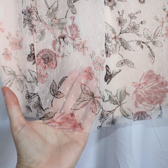 Almost Famous Light Pink Floral Butterfly Mesh Sheer Short Sleeve Blouse Large - Picture 5 of 11